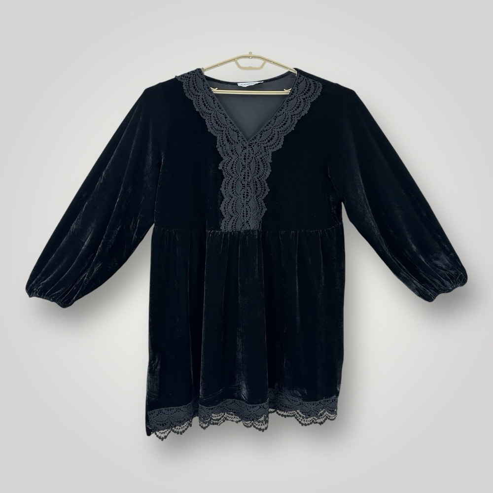 RUSTTYDUSTTY Dress‎ Womans 3XL Black Crush Velvet Stretch Prairie Boho Lace